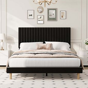 Upholstered Platform Velvet Bed Frame with Headboard,Strong Wooden Slats Support