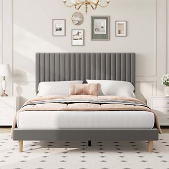 Upholstered Platform Velvet Bed Frame with Headboard,Strong Wooden Slats Support