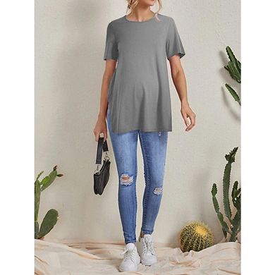 Women's Maternity Casual Short Sleeve Blouse Top Split Side Crew Neck Tunic Shirts
