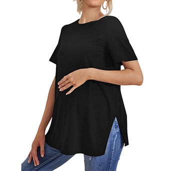 Women's Maternity Casual Short Sleeve Blouse Top Split Side Crew Neck Tunic Shirts