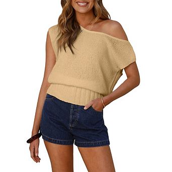 Women's Off One Shoulder Sweater Vests Summer Sleeveless Casual Loose Asymmetrical Pullover Tops