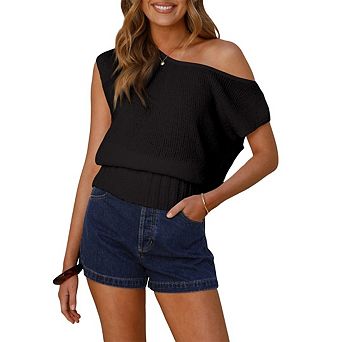 Women's Off One Shoulder Sweater Vests Summer Sleeveless Casual Loose Asymmetrical Pullover Tops