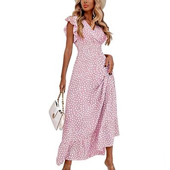 Womens Short Sleeves Dress V Neck Tiered Ruffle Hem Flowy A Line Dress for Causal Dressy