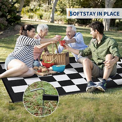 Plastic Black Rectangular Beach Front Porches Patio Picnic RV Camping Garage Grid Modern Area Rug