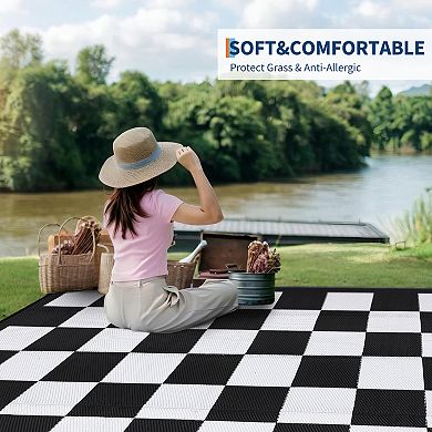 Plastic Black Rectangular Beach Front Porches Patio Picnic RV Camping Garage Grid Modern Area Rug