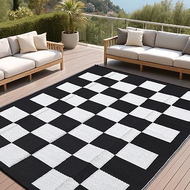Plastic Black Rectangular Beach Front Porches Patio Picnic RV Camping Garage Grid Modern Area Rug