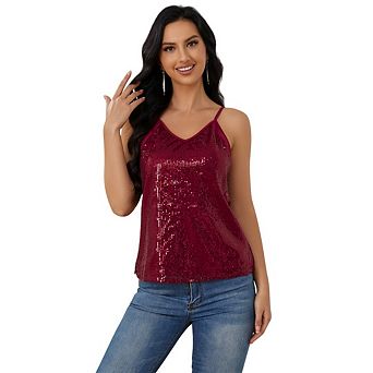 Women’s Sequin Sparkly Disco Tank Top Concert Outfit Glitter Party V-Neck Cami Cmaisole Tank Top