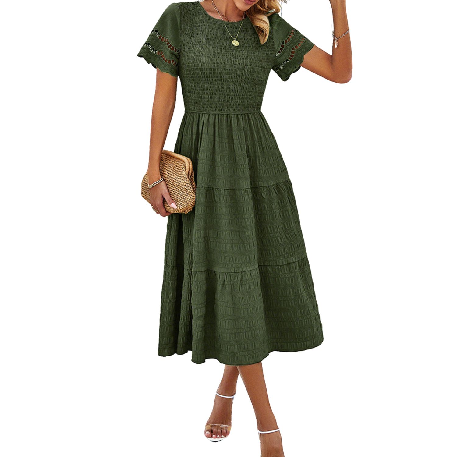 Женские платья Smocked Tiered Midi Dress with Lace Trim Short Sleeve Casual Summer Dress