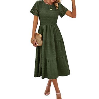 Women's Smocked Tiered Midi Dress with Lace Trim Short Sleeve Casual Summer Dress