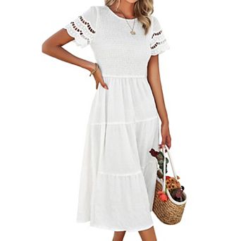 Women's Smocked Tiered Midi Dress with Lace Trim Short Sleeve Casual Summer Dress