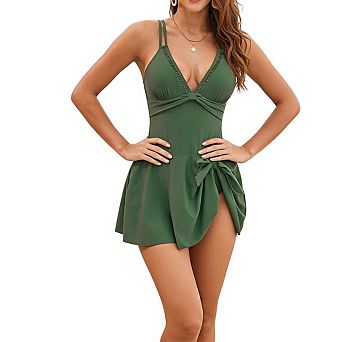 Women's Swim Dress Bikini V Neck Front Knot Crisscross Back Strap Swimsuits