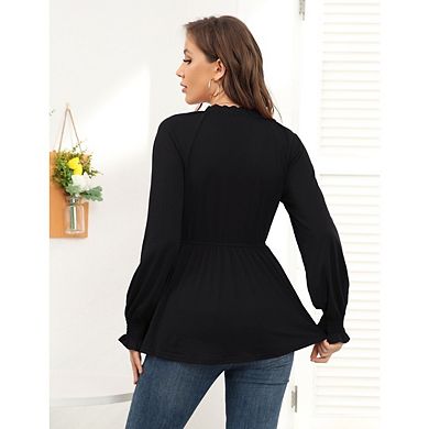 Women's V Neck Lace Tunic Shirt Solid Color Lantern Sleeve Tops