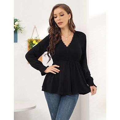Women's V Neck Lace Tunic Shirt Solid Color Lantern Sleeve Tops