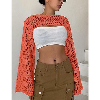 Womens Cropped Sweater Crochet Knit See Through Y2k Knit Sweater Beach Cover Ups