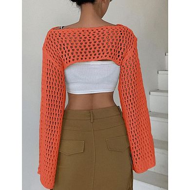 Womens Cropped Sweater Crochet Knit See Through Y2k Knit Sweater Beach Cover Ups