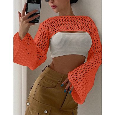 Womens Cropped Sweater Crochet Knit See Through Y2k Knit Sweater Beach Cover Ups