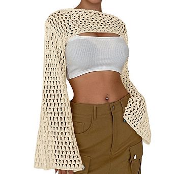 Womens Cropped Sweater Crochet Knit See Through Y2k Knit Sweater Beach Cover Ups