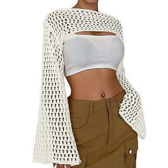 Womens Cropped Sweater Crochet Knit See Through Y2k Knit Sweater Beach Cover Ups