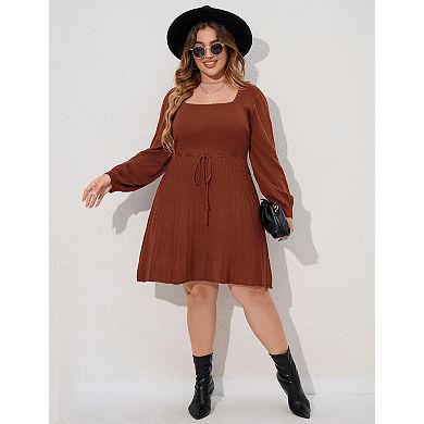 Women's Plus Size Casual Sweater Dress Square Neck Long Lantern Pullover Dresses
