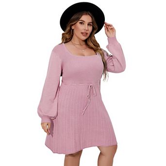 Women's Plus Size Casual Sweater Dress Square Neck Long Lantern Pullover Dresses