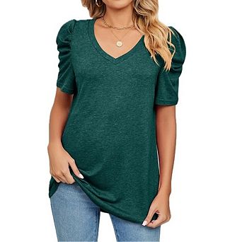 Womens Blouse Dressy Casual V Neck Puff Short Sleeve Tshirts Boho Tunic Top Clothes