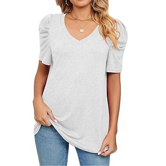 Womens Blouse Dressy Casual V Neck Puff Short Sleeve Tshirts Boho Tunic Top Clothes