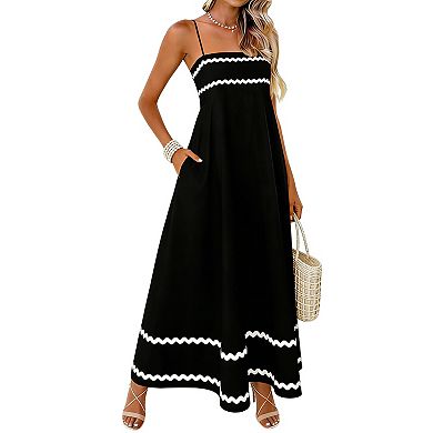 Women's Spaghetti Strap Trim Maxi Dress with Pockets Flowy Casual Dress