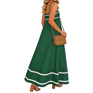 Women's Spaghetti Strap Trim Maxi Dress with Pockets Flowy Casual Dress