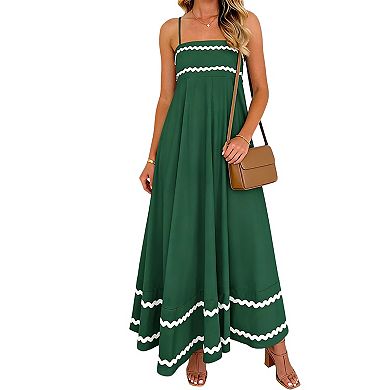 Women's Spaghetti Strap Trim Maxi Dress with Pockets Flowy Casual Dress