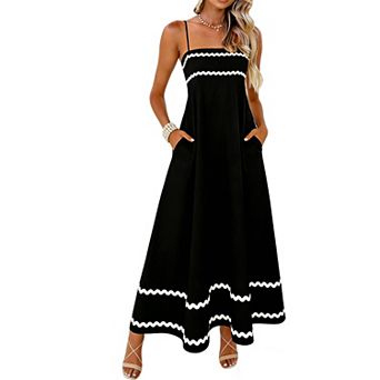 Women's Spaghetti Strap Trim Maxi Dress with Pockets Flowy Casual Dress