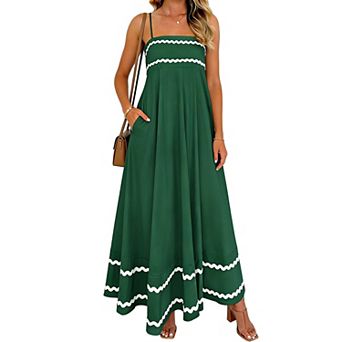 Women's Spaghetti Strap Trim Maxi Dress with Pockets Flowy Casual Dress