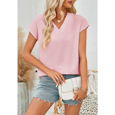 Womens Casual Summer V Neck Cap Sleeve Blouse Top Business Outfits Loose Fit Basic Shirts Top