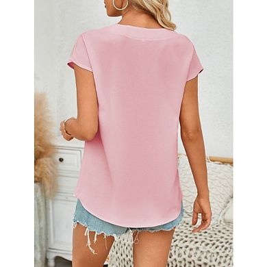 Womens Casual Summer V Neck Cap Sleeve Blouse Top Business Outfits Loose Fit Basic Shirts Top