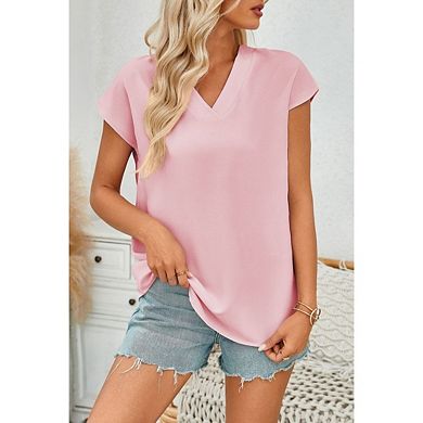 Womens Casual Summer V Neck Cap Sleeve Blouse Top Business Outfits Loose Fit Basic Shirts Top