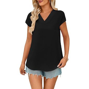 Womens Casual Summer V Neck Cap Sleeve Blouse Top Business Outfits Loose Fit Basic Shirts Top