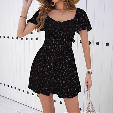 Womens Boho Short Sleeve Mini Dress Floral Self Tie Front Casual Cute A Line Dress
