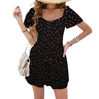 Womens Boho Short Sleeve Mini Dress Floral Self Tie Front Casual Cute A Line Dress