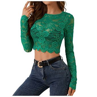 Women's Casual Lace Embroidery Crew Neck Blouse Long Sleeve Party Slim Fit Sheer Mesh Crop Top