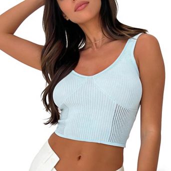 Women's Ribbed Knit Crop Tank Top V Neck Open Knit Detail Casual Summer Top