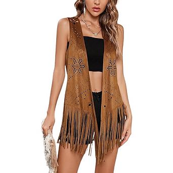 Women's Vintage Cowgirl Tassel Vest Sleeveless Fringe Waistcoat Hollow Out Jacket