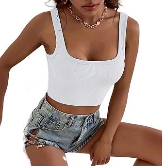 Women Casual Rib Workout Top Square Neck Crop Tank Top Fitted Basic Cami Tops