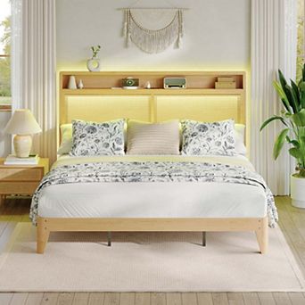 Rattan Bed Frame with LED Lights, Boho Wood Bed Frame with Storage Headboard & Charging Station