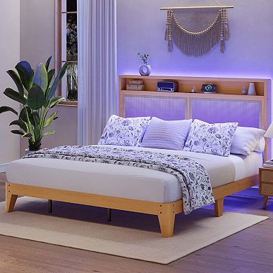 Rattan Bed Frame with LED Lights, Boho Wood Bed Frame with Storage Headboard & Charging Station