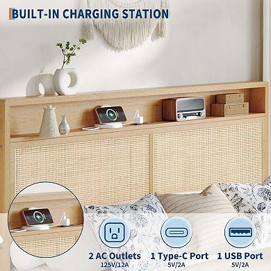 Rattan Bed Frame with LED Lights, Boho Wood Bed Frame with Storage Headboard & Charging Station