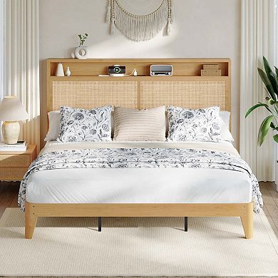 Rattan Bed Frame with LED Lights, Boho Wood Bed Frame with Storage Headboard & Charging Station