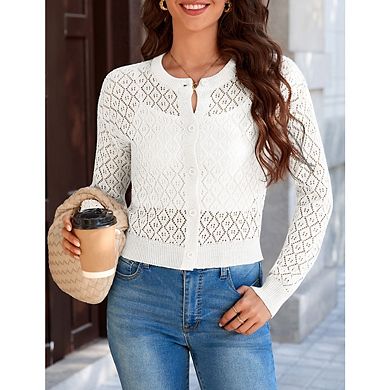 Womens Crochet Casucal Shrugs Sweaters Long Sleeve Knit Cropped Cardigans Tops