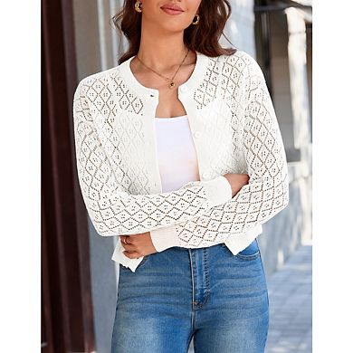 Womens Crochet Casucal Shrugs Sweaters Long Sleeve Knit Cropped Cardigans Tops