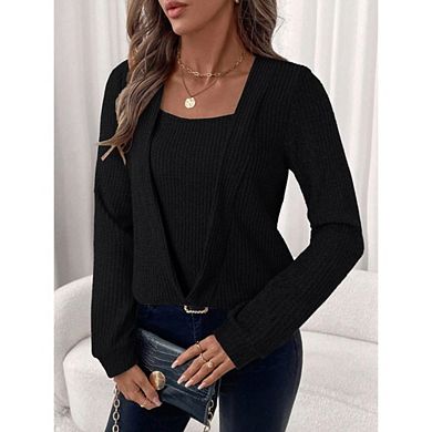 Women's Square Neck Knit Sweater 2 in 1 Layering Long Sleeve Top Casual Slim Fit Everyday Wear