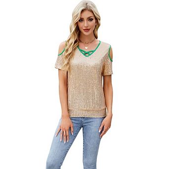 Women's Casual V Neck Off Shoulder Short Sleeve Blouse Top Summer Sequin Party Shirt