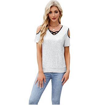 Women's Casual V Neck Off Shoulder Short Sleeve Blouse Top Summer Sequin Party Shirt
